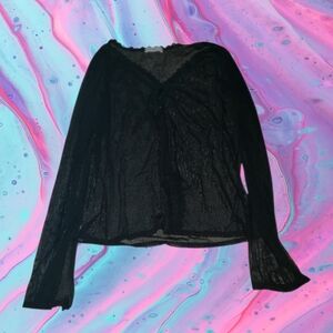 Evolution y2k black mesh like button up sweater top juniors size small